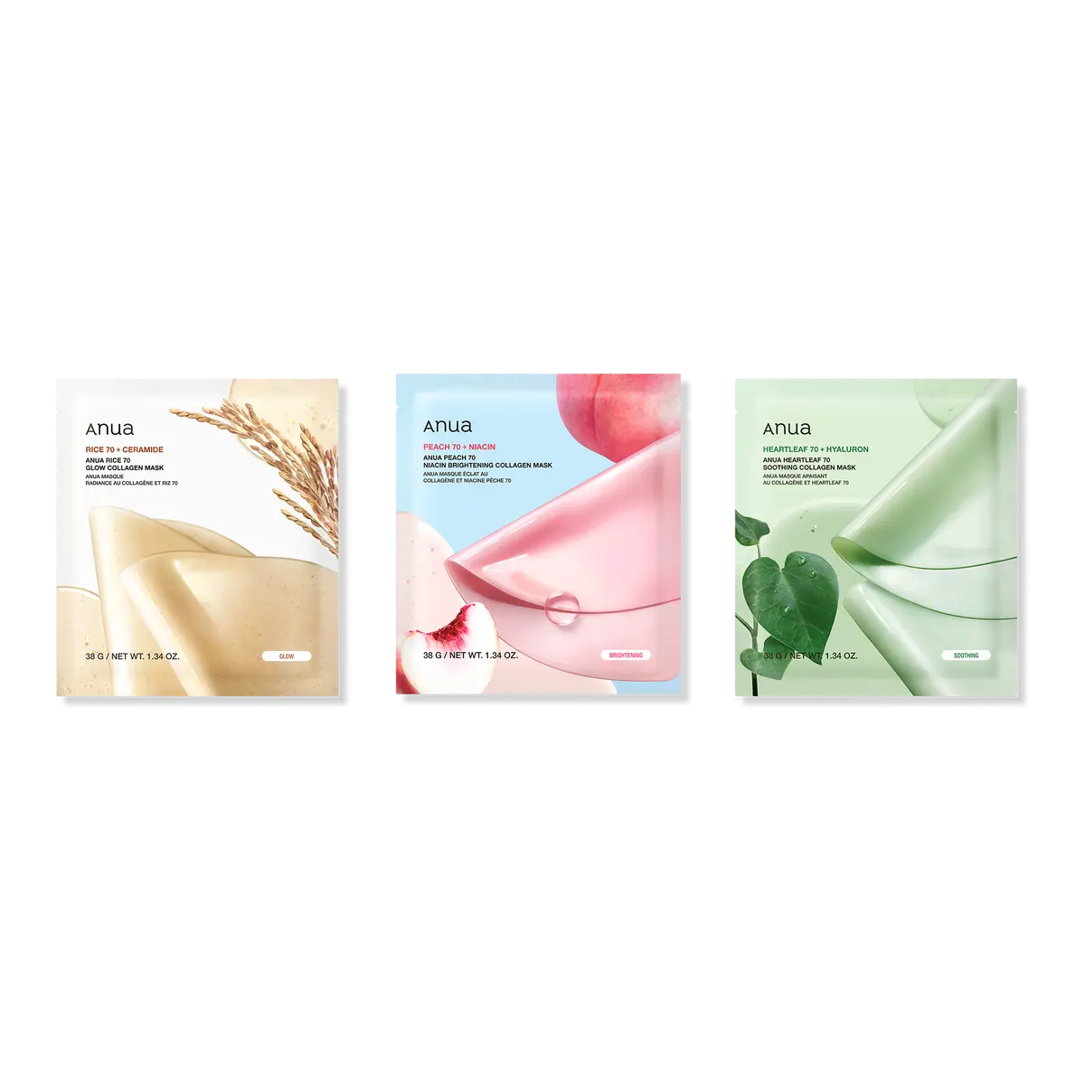 Anua Collagen Hydrogel 3 Sheet Discovery Set - Peach 70 Brightening, Heartleaf 60 Soothing, Rice 70 Glow