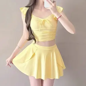 Women's Swimsuit 2026 New Yellow High-End Feeling Bikini Small Chest Gathered Beach Vaion Thermal Spring Skirt Sle One-P...