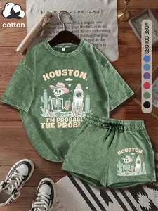 HOUSTON, I'M PROBABLY THE PROBLEM Women's Suit, Skull Cartoon Pattern, Women's All Seasons Short Sleeve Stretch Short Pants Suit, Washed Cotton Vintage Horror Halloween Costume, Gift, Womenswear