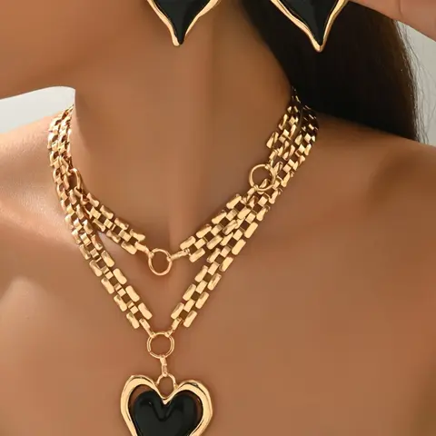 Women's Fashion Necklace and Earring Set, Multi-Layer Heart Pendant Necklace & Earrings, Jewelry Gift for Women, Casual Accessories for Daily Wear, Fashionable Jewelry Set, Layered Jewelry Set