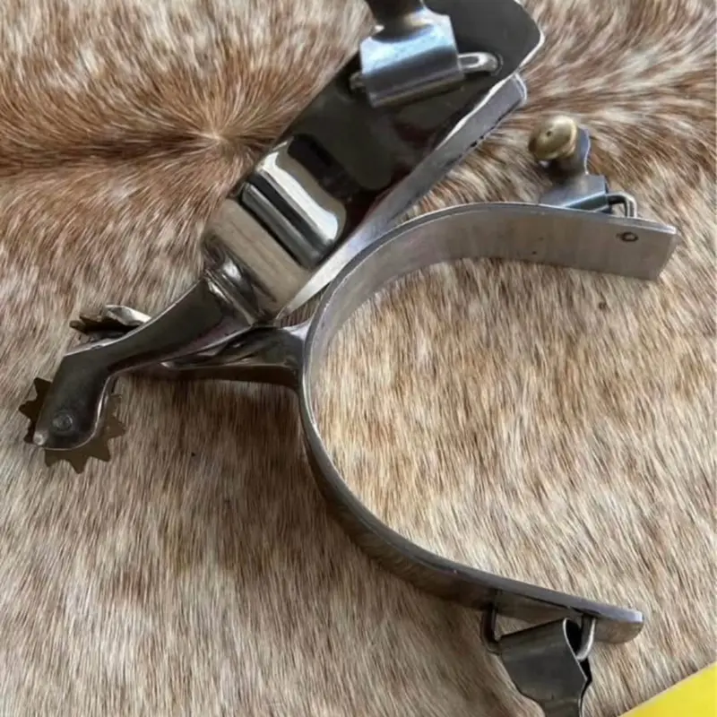 Pair Adult Size Stainless Steel Western Spurs Brass Buttons and Rowels