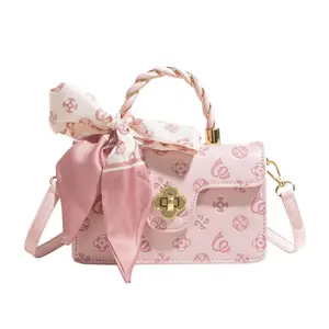 Women's Floral Monogram Small Crossbody Handbag with Scarf Bow Gold Clover Lock, Mini Travel Purse with Adjustable Strap