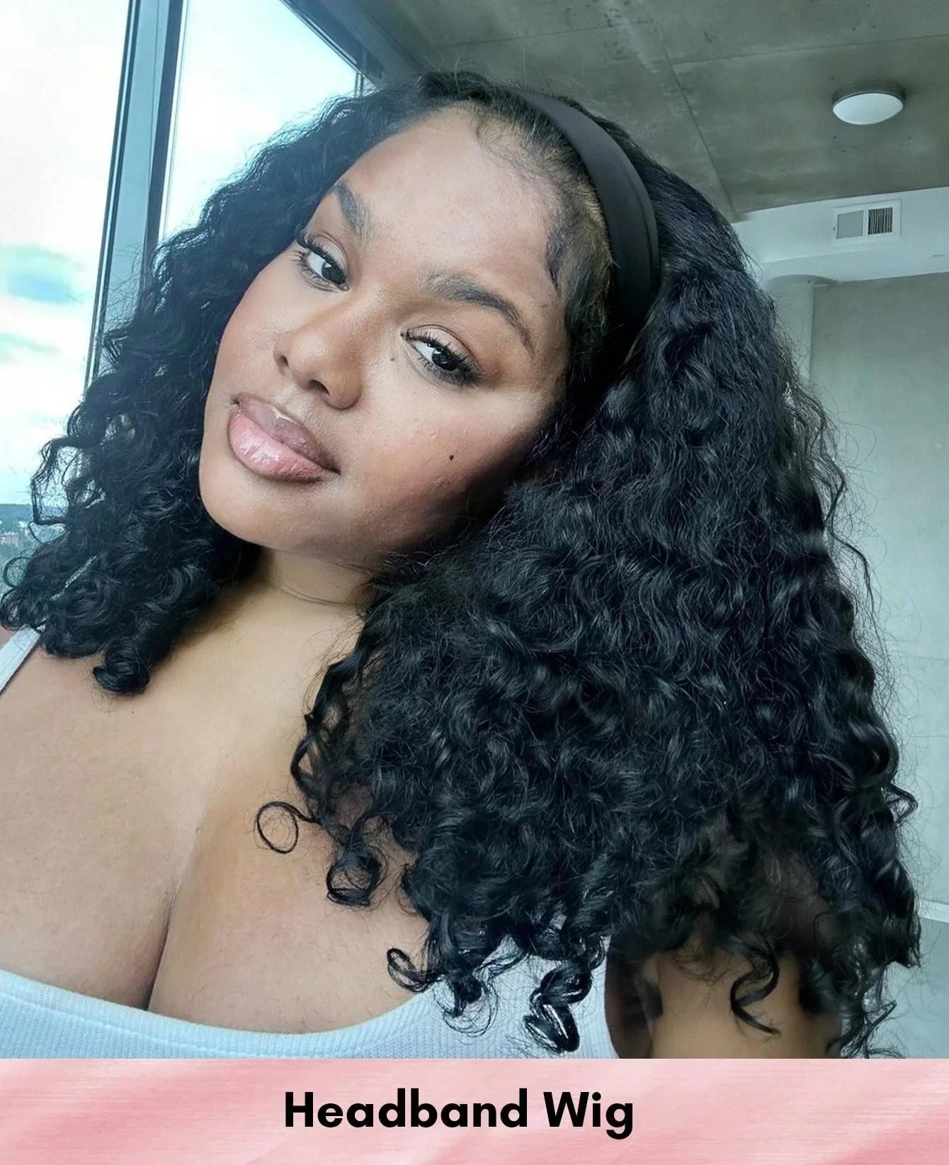 Burmese Curly Headband Wig Human Hair Glueless Wig Bling Hair No Gel No Glue Full Machine Made Wig with Headband 180% Density All Day Wigs for Beginners Friendly Summer Wig #SummerWins #DealsForYouDays