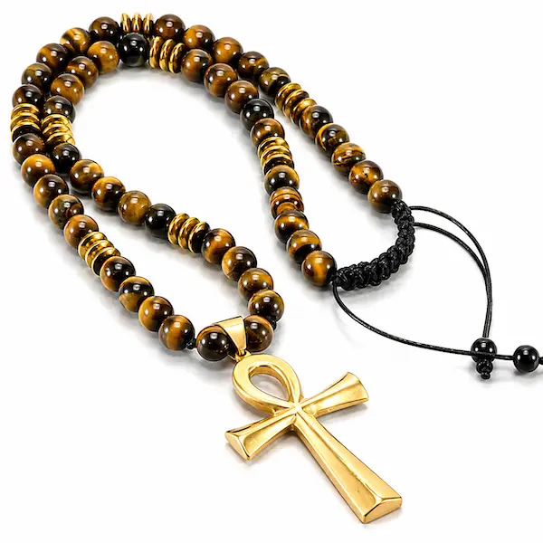Unisex Egyptian Ankh Cross Beaded Necklace, Natural Tiger Eye & Obsidian Stone Pendant, Spiritual Protection Symbol, Vintage Ethnic Streetwear Jewelry