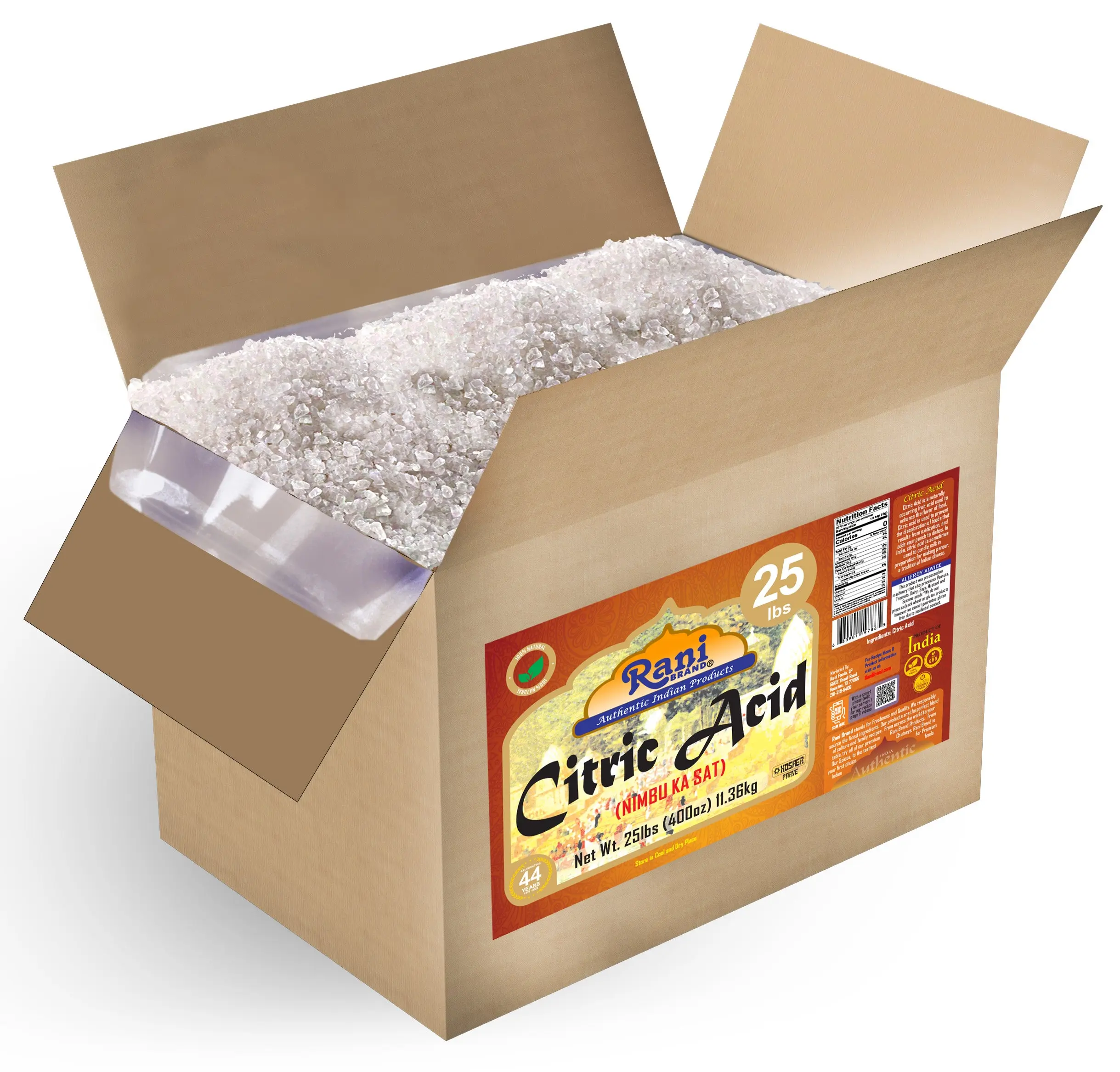 Rani Citric Acid Powder, Food Grade (Limbu Ka Ful) 400oz (25lbs) 11.36kg Bulk Box ~ Used for Cooking, Bath Bombs, Cleaning | Gluten Friendly | Kosher | Indian Origin
