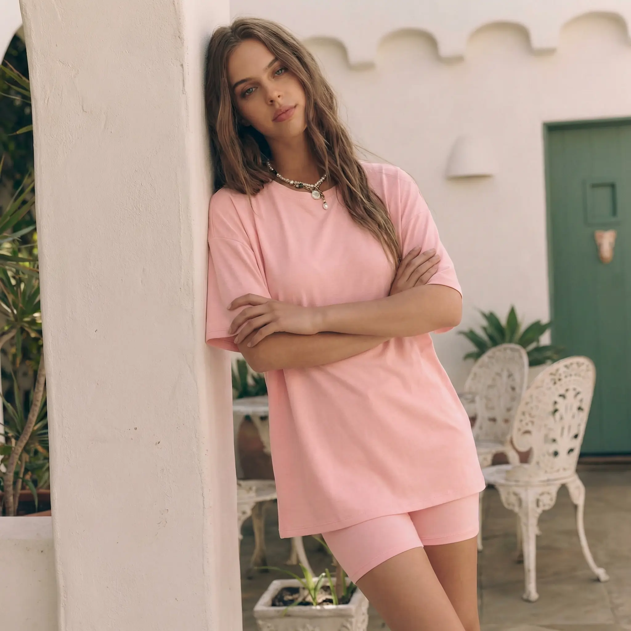 AUTOMET Women's Summer Two-Piece Set 2025 Casual Oversized Shirts Biker Shorts Matching Airport Travel Outfit Split Hem Lounge prettygarden woman SpringStatements