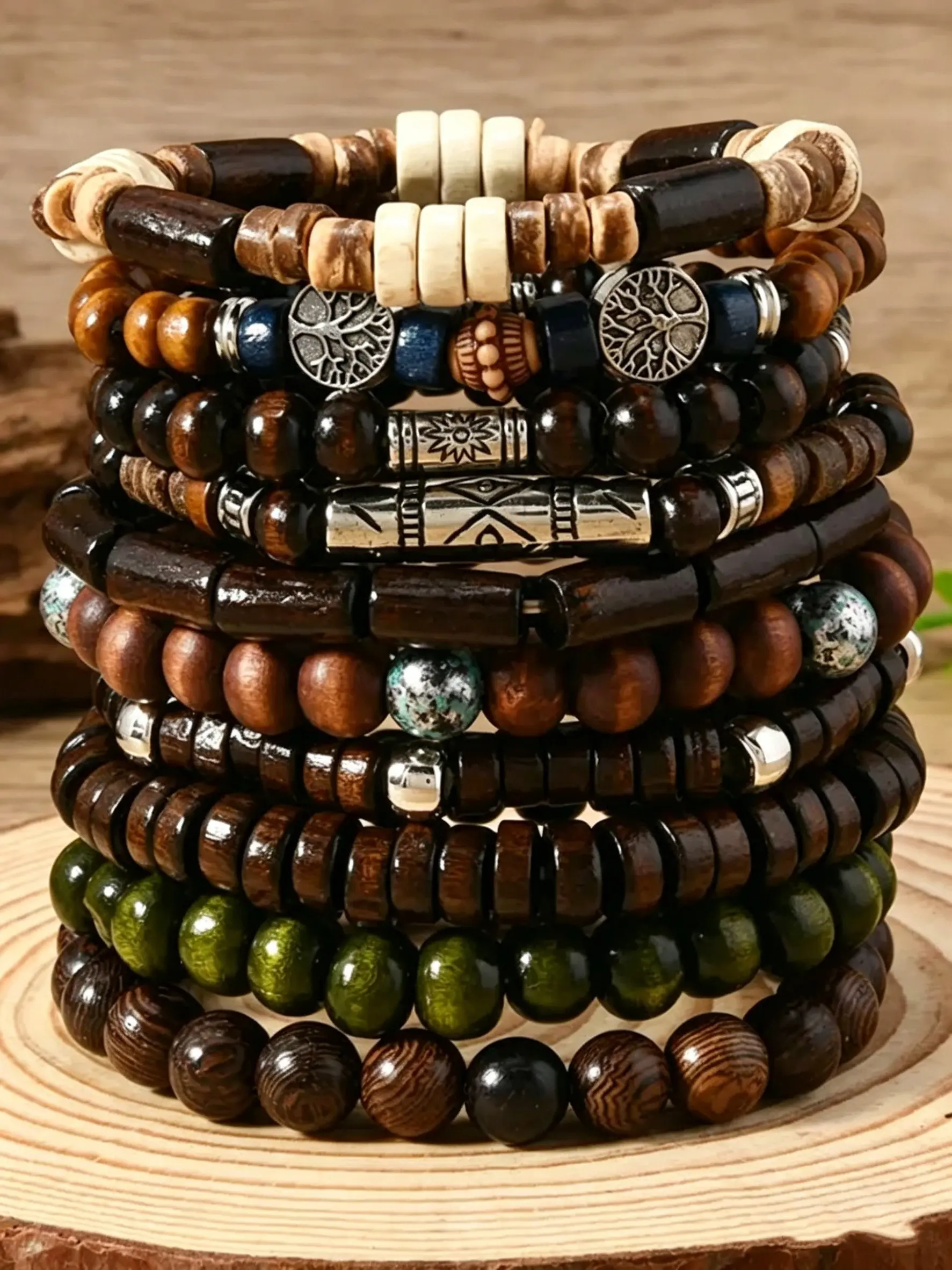 10PCS Men's Boho Wooden Bead Bracelet Set, Beaded Bracelet Set, Elastic Stretch, Hippie Tribal Retro Style, Natural Wood & Coconut Shell Beads, Ideal for Daily/Beach/Festival Wear, Perfect Gift for Men, Stackable Bracelets