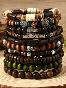 10PCS Men's Boho Wooden Bead Bracelet Set, Elastic Stretch, Hippie Tribal Retro Style, Natural Wood & Coconut Shell Beads, Ideal for Daily/Beach/Festival Wear, Perfect Gift for Men, Suitable for both single wear and stackable styling, Stackable Bracelets
