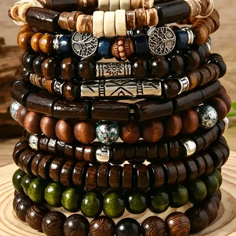 Men's 10-Piece Boho Wooden Bead Stretch Bracelet Set, Natural Wood & Coconut Shell Beads, Hippie Tribal Style, Stackable for Daily, Beach & Festival Wear, Perfect Gift for Men, Stacked Bracelets