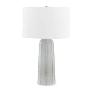 Kel Table Lamp with Reactive Ash Ceramic Body and White Linen Shade, Aged Brass Accents