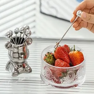 Cute Bear Fruit Fork Set, 6pcs Stainless Steel Dessert Forks + Ceramic Bear Holder, Reusable Sweet Salad Forks for Home Kitchen/party