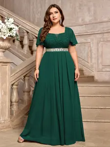 MISSMAY P54446A Plus Deep V Neck Floral Lace Contrast Soft Chiffon Butterfly Sleeve Elegant Formal Evening Ball Party Maxi Dress, Homecoming Dress, Wedding Guest Dress, For Birthday, Graduation, Formal Events