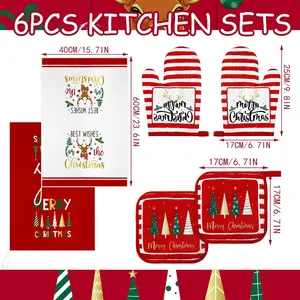6 Pcs Christmas Kitchen Towel Oven Mitts and Pot Holders Set Xmas Theme Dish Towels Heat Resistant Oven Gloves for Xmas Kitchen Cooking Baking Grilling(Christmas Star Theme)