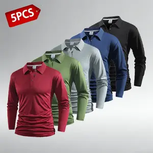 Men’s Long Sleeve Polo Shirts (5PCS) – Athletic, Plain, Quick Dry, Wrinkle-Free, Casual & Business Tops