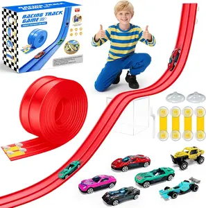 Flex Tracks 15ft Beginner Flexible Track Set for Kids, Compatible with Hot Wheels & Diecast Cars, Portable Roll-Up Design Portable Race Tracks with Strong Suction Cups