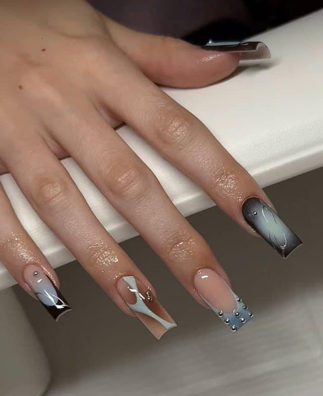 Cat Eye Press On Nails Coffin Blue Gray Chrome Studded Abstract French Tip Fake Nails