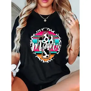 Women's Cow Print MAMA T-Shirt, Western Serape Graphic Tee, Soft Cotton Casual Short Sleeve Tops for Mom Daily Wear , Cow Print Serape Casual Cotton Short Sleeve Tops for Women S-3XL