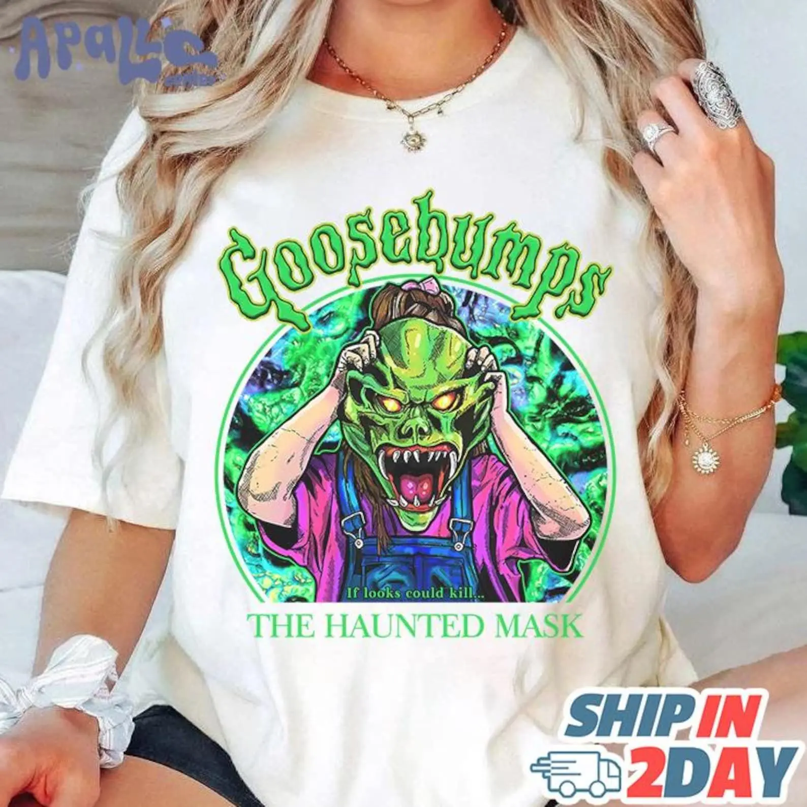 Goosebumps Haunted Mask Graphic T-Shirt, HorrorLand Vintage Halloween Shirt, Green Horror Party Tee, Retro Horror Fan Gift