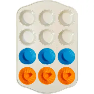 Nonstick Muffin Pan with 12  Baking Cups, Carbon Steel Muffin Tin for Muffins, Cupcakes, Egg Bites and , Non , Easy to Clean, Dishwasher Safe, Sunshine Cream