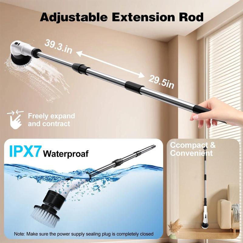 WHATOOK Electric Spin Scrubber Bath Tub Power Scrubber with Long Handle & Replaceable Heads, Cordless Shower Brush for Deep Cleaning, 7/9-in-1 Design, Telescopic Arm, Flexible Length Adjustment Spin Scrubber Kit Scrubberbrush