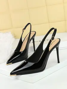 1991 Fashionable European Style Patent Leather Pointed Toe High Heels, Sexy Backless Slip-On Design, Elegant Stiletto Shoes for Women Footwear