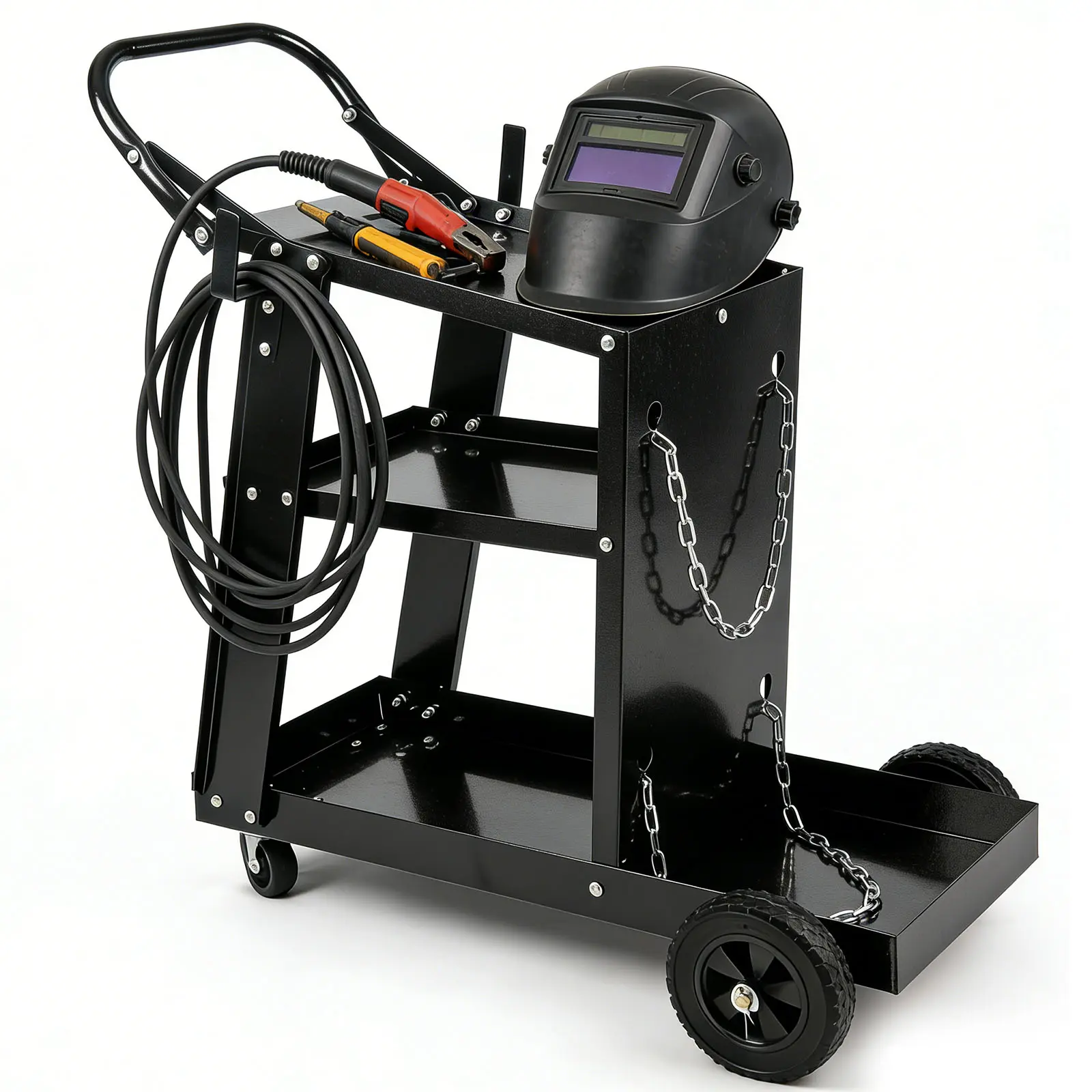 Welding Cart for TIG MIG Welder and Plasma Cutter, Heavy Duty 3 Tiers Rolling Welding Cart, Rolling Welding Trolley w/360° Swivel Wheels, Tank Storage Safety Chains, Handle