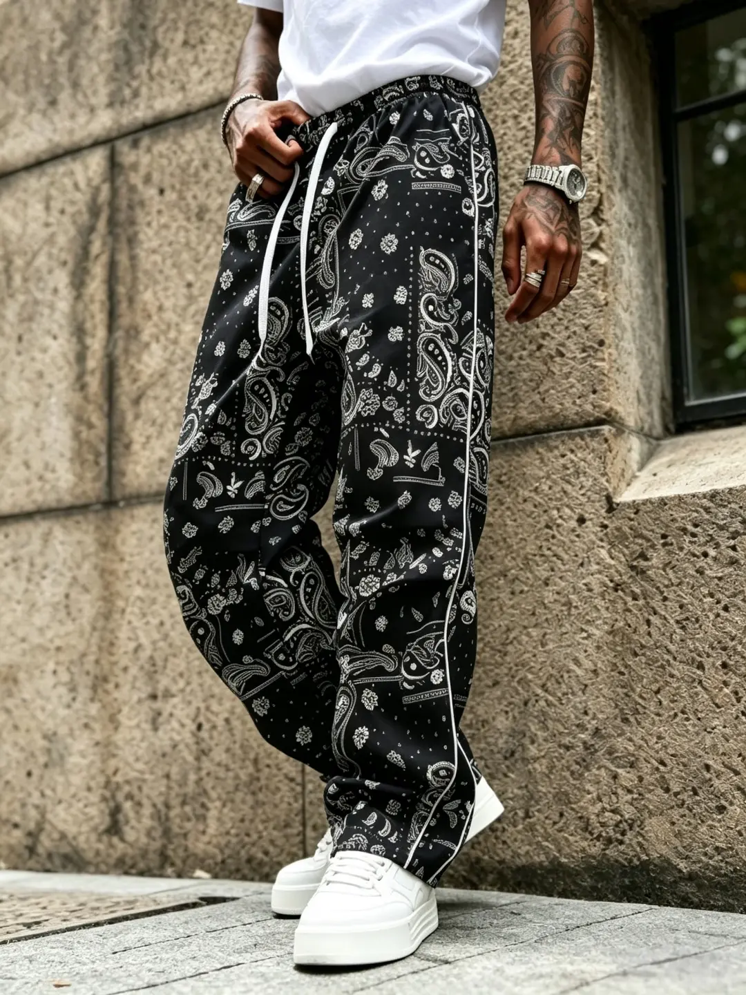 Men's Loose-Fit Street Casual Joggers - Polyester Letter All-Over Print Sweatpants with Elastic Drawstring Waistband, Spring-Autumn Casual Wear