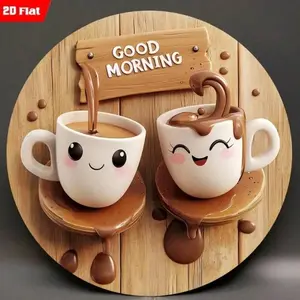 Aluminum Vintage Style Wall Decor 8x8 Inch Round Good Morning Tea Theme with Smiling Cup Perfect for Home Kitchen Office Cafe Holiday Gift Vintage Plaque Decoration
