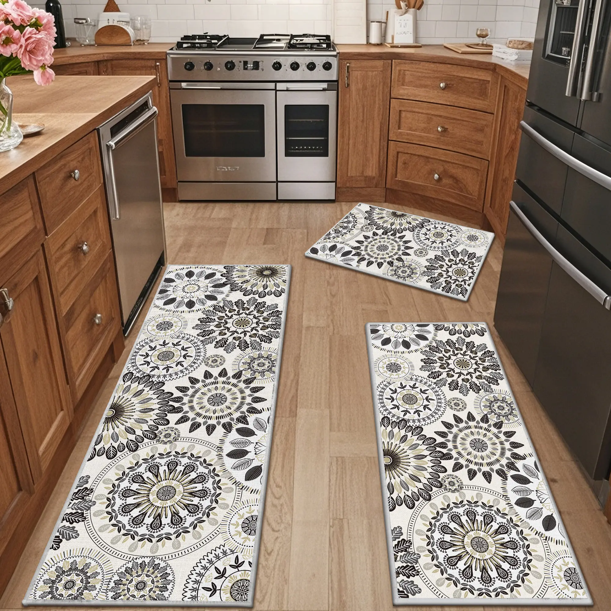 [SeptemberRestock] HEBE Washable Farmhouse Boho Kitchen Rugs Sets of 3 Non Slip Non Skid Kitchen Runner Mats for Hallway Entryway Laundry Room