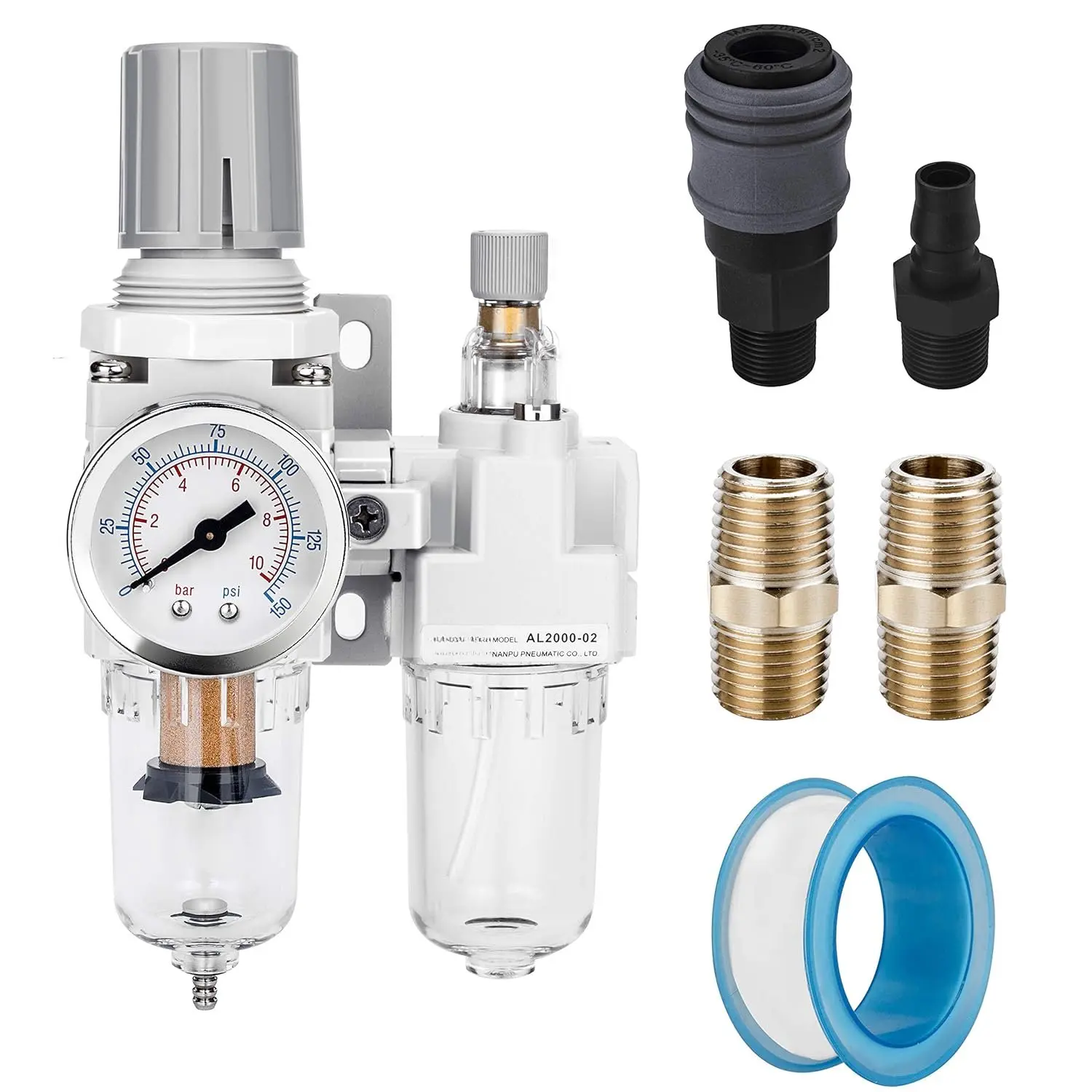 1/4" NPT Compressed Air Filter Regulator Lubricator Combo Water/Oil  Separator - Gauge(0-150 psi), Poly Bowl, Semi-Auto Drain, Bracket - 3 in 1 Two Unit