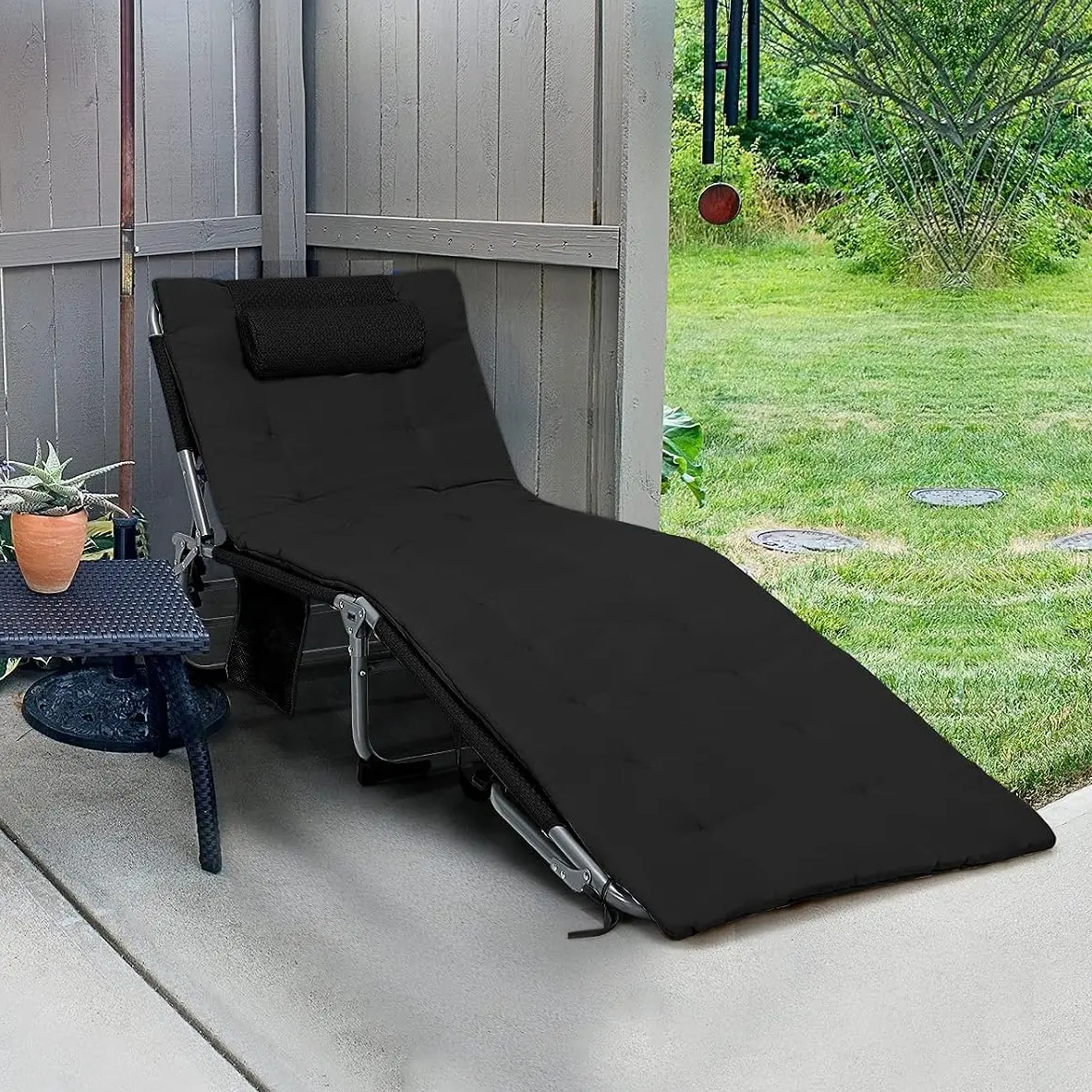 Vallmore Tri-Fold Folding Chaise Lounge Chair with Padded Mattress & Headrest | 4-Position Recline to Flat, Adjustable Footrest, Side Pocket, 330 LB Steel Frame — Beach, Pool, Camp & Home Lounger