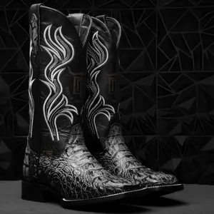 Grey Caiman Neck Leather Boots - Square Toe