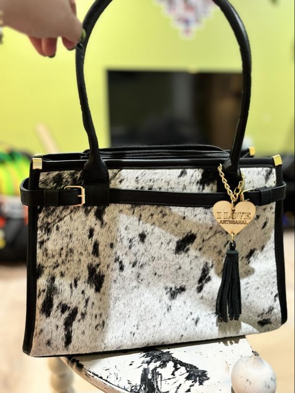 Cowhide Handbag with Heart Charm and Tassel Detailing