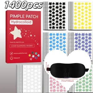 1400pcs Colorful Star Acne Patches + 3D Light-Blocking Eye Mask Set, Skincare & Sleep Aid, Hydrocolloid Acne Patch + Zero Pressure Eye Mask