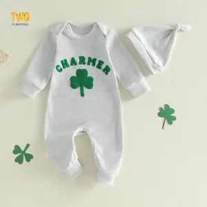 Newborn Baby Boy Girl St Patricks Day Outfit Charmer Clover Embroidery Waffle Long Sleeve Romper Jumpsuit With Hat