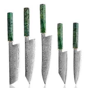 Onyx Japanese Knife Set for Kitchen 5 Pc with VG-10 Mosaic Damascus Steel 67 Layers and Exotic Stained Maple Burl Wood Handle