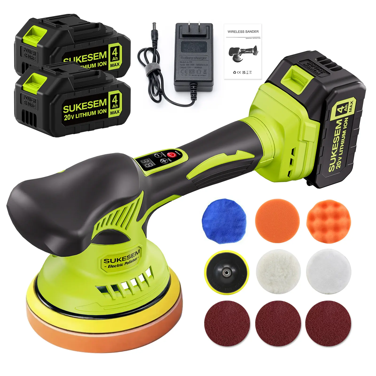SUKESEM Cordless Car Buffer Polisher, Electric Car Waxer with 20V Batteries, Adjustable Speeds & 12Pcs Pads for Car Waxing, Polishing and Detailing