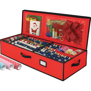 Christmas Wrapping Paper Organizer Storage Box, Straps/Pockets, 40" Heavy-Duty Gift Wrap Storage Holder for Bags, Bows, Tags, Ribbons, Holiday Decorations, Fits Up to 24 Rolls Underbed Container (Red)