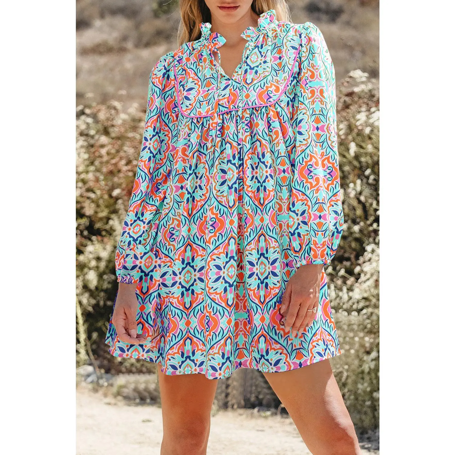 Sky Blue Abstract Printed Long Sleeve Tied Neckline Mini Dress