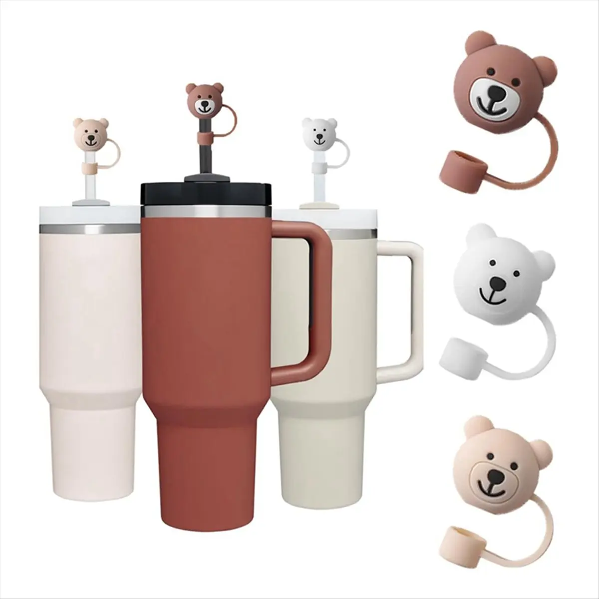 3 Pack Straw Cover for Stanley Cups,Cute Bear Straw Protector Cover Compatible for Stanley 30&40oz Silicone Straw Reusable Beige