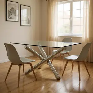 HomeRoots 555142 30 x 60 x 60 in. Clear & Silver Glass & Metal Cross Leg Base Square Dining Table