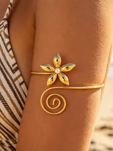 Boho Floral Spiral Arm Ring, Adjustable Silver Color Women's Upper Arm Bracelet, Beach Vacation Style Jewelry, Fashion Accessory
