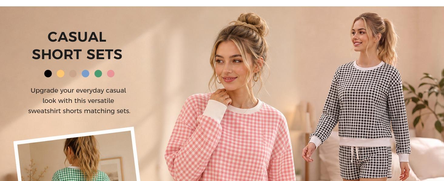 Fisoew Women's 2-Piece Gingham Plaid Loungewear Set - Crew Neck Ribbed Oversized Balloon Sleeve Sweatshirt & Adjustable Drawstring Aesthetic Beach Bottom Shorts, Nightwear