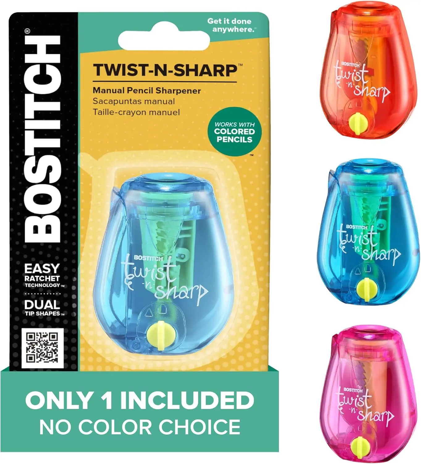 Back to School Office Pencil Sharpener, Manual, One Assorted Color, Twist-n-Sharp, Kids, Boys, Girls, Colored Pencils, 1 Pack
