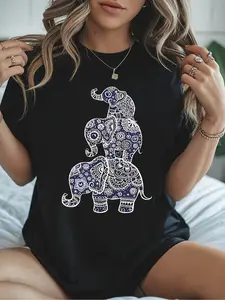 Wo Bohemian Elephant Mandala Print T-Shirt - Blue
