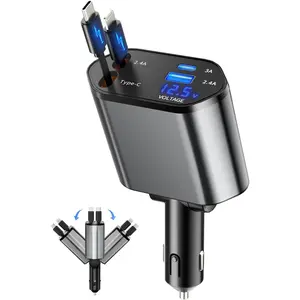 Retractable Car Charger, 4 in 1 Fast Charging Car Charger USB-C & USB-A Compatible with iPhone 16/15/14/13/12/11,Galaxy,Pixel