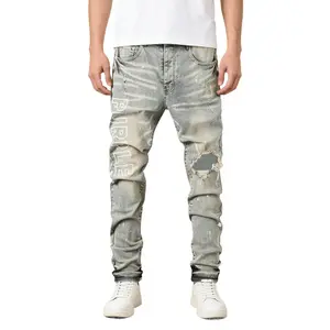 Men'S Light Blue Vintage Letter Print Skinny Jeans with Rips And Patches, Opaque, White Splatter Accents, Casual Style, Versatile for Everyday Wear Low Rise Raw Hem Denim Shorts Fleece Lined Black Comfort Men's Retro Camouflage Double Waisted 00 pants
