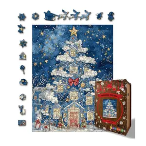 Wooden Christmas Puzzles Adults, Christmas Tree House Shaped Wooden Puzzles, Unique Challenging Wood Jigsaw Puzzles Xmas for Men Women, 7 styles
