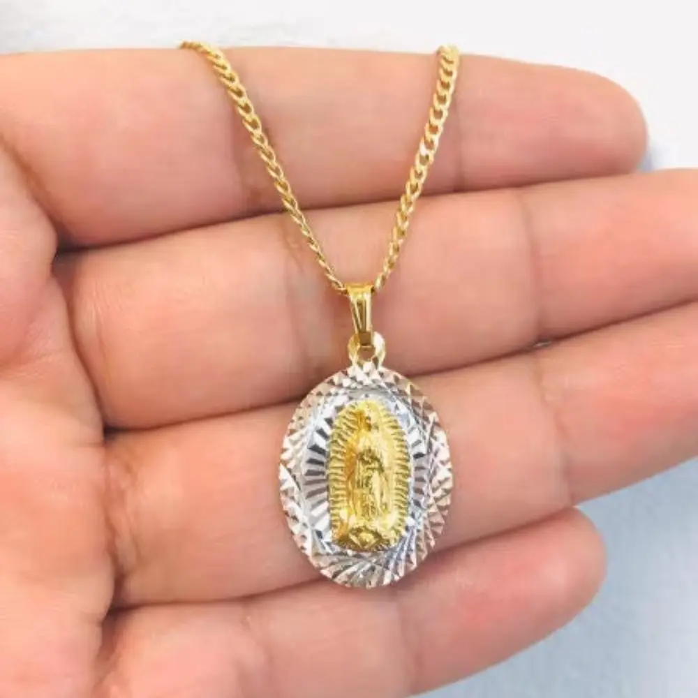 Virgin Mary Guadalupe Necklace Charm Cuban Chain Pendant for Womens Mens Boys Girls 1st Communion Gifts Confirmation Jewelry Everyday Wear Anniversary Birthday Wedding Engagement Easter Christmas