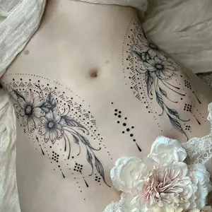 BAGHPBM Single Sheet Lotus Flower Moon Tropical-Style Floral Belly Fake Tattoos, Romantic Waterproof Realistic Tattoos for Women